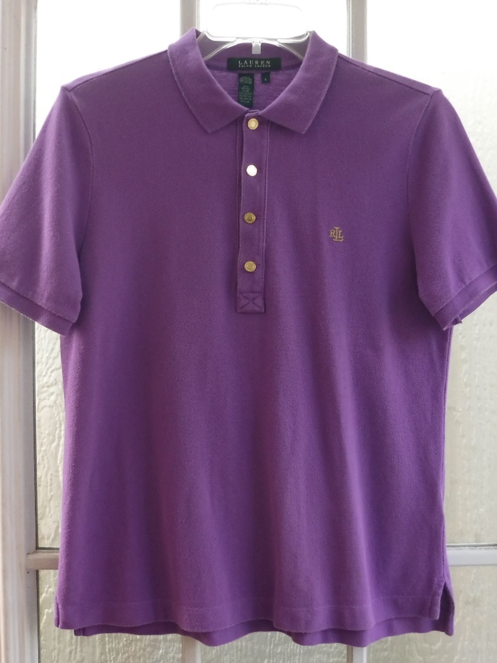 Lauren Ralph Lauren Gold Color Logo on Purple Half Gold Tone Button Up Shirt